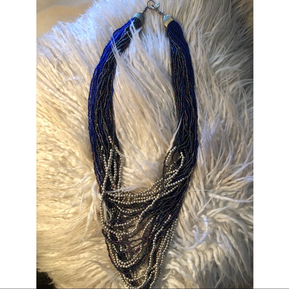 Very Long beaded Aldo purple blue silver necklace